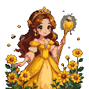Princess Mélina in a golden gown stands in a sunflower field, holding a honey spoon scepter with a bee collecting nectar.