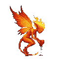 Fiery pixie with molten flame wings, cradling a bleeding heart with crimson droplets, crowned with dancing fire, on a dark background.