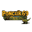 Bold orange pixelated text "Poncxik69" over a prehistoric jungle with silhouetted dinosaurs and a raptor in the foreground.