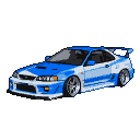 Blue and white Nissan Skyline R34 GT-R with prominent rear spoiler and silver rims.