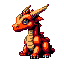 Stylized red and orange dragon with yellow eyes and horns, sitting against a black background.