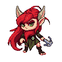 Fierce elven hunter with cascading red hair, emerald green eyes, pointed ears, and small horns. She wears rugged forest-green attire with tattered edges and leather wraps, holding a miniature crossbow.