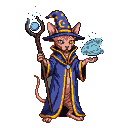 Sphynx cat wizard in a blue robe and pointed hat with a crescent moon, holding a staff with a glowing blue orb and conjuring light blue magic.
