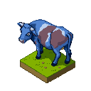 A solitary blue cow with brown patches stands on a small, grassy isometric platform.