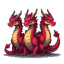 A three-headed crimson dragon with golden horns and pale yellow underbelly stands alert.