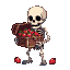 A skeleton holding a treasure chest overflowing with red strawberries. Two strawberries lie on the ground by its feet.