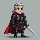 Stoic warrior in black armor with red trim and a three-headed dragon symbol on chest, wearing a red cape. He has silver hair and beard, violet eyes, and holds a gleaming sword.