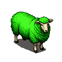 A solitary sheep with vibrant radioactive green wool stands against a black background, rendered in chunky pixels.
