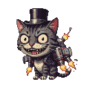 Maniacal cat with large head, top hat, and jetpack with fiery exhaust.