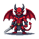 A menacing red devil with sharp horns, leathery wings, a sinuous tail, a wicked grin, and piercing yellow eyes, gripping a gleaming sword.