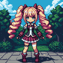 Young woman with blonde pigtails and red bows, blue eyes, dark outfit with white accents, pleated skirt, red boots and gloves, standing in front of green trees and a blue sky.