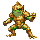 Frog warrior in ornate golden armor, crouched and ready for battle.