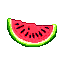 A single slice of watermelon with vibrant pink flesh, black seeds, and a textured green rind, isolated on a black background.