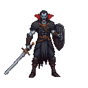 Vampire warrior in segmented dark armor and red collar, holding a sword and shield, with pale skin and slicked-back dark hair.