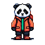 A pixelated panda wearing an orange hooded jacket, dark pants, and a backpack.