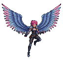 A warrior with vibrant pink hair and large, deep blue feathered wings with pink highlights, wearing dark tactical armor.