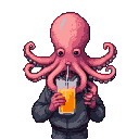 A figure with a pink octopus for a head drinks orange juice through a straw.