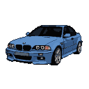 Light blue BMW M3 in a three-quarter front view against a black background, with a pixelated, retro gaming aesthetic.