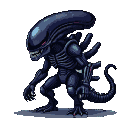 A Xenomorph with dark blue and black chitinous exoskeleton and red eyes, in a hunched, predatory pose with extended claws and a curled tail.