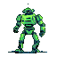 Bipedal robot with green and dark teal metallic plating, standing alert with clenched fists.