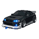Black Toyota Supra MK5 with a white body kit, illuminated by bright blue headlights and an underglow.