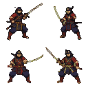 Samurai warrior in red and dark blue armor with crimson accents, holding a gleaming katana, poised for combat in four sequential frames.