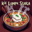 Steaming bowl of Kue Lumpur Suhra with creamy topping, green herbs, orange broth, red berries, and a wooden spoon.