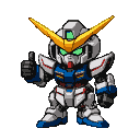 Compact humanoid mecha with bright green eyes, white, blue, and red armor, and a V-shaped crest, giving a thumbs-up.