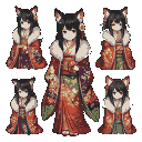 Elegant fox-eared girls in ornate winter kimonos.