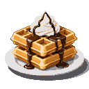 Stack of golden-brown waffles with whipped cream and chocolate syrup drizzle.