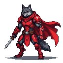 Werewolf warrior in red exoskeleton armor and crimson cape, holding a metallic blade.