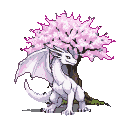 A white dragon rests beneath a sakura tree with pink and magenta blossoms against a black background.