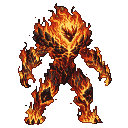 A fearsome fire elemental composed of molten rock and licking flames, with jagged edges and glowing embers for eyes.