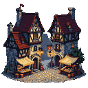 A vibrant medieval marketplace with cobblestone streets, timber-framed houses, and market stalls filled with goods, illuminated by warm lantern light.