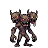 A three-headed, brown-skinned monster with glowing red eyes, sharp horns, and jagged teeth. Its clawed arms are held forward in a predatory stance.