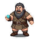 A stout, bearded Viking with dark gray hair shouts fiercely, holding a ping pong paddle in his right hand and a small blue ball in his left.