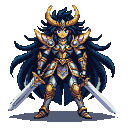 Warrior in ornate golden Sagittarius armor, holding a gleaming sword pointed down.