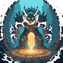 Colossal stone and metal guardian with glowing fissures and golden eyes, protecting a radiant ancient relic in a circular chamber with glowing runic floor.