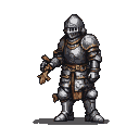 A knight in gleaming plate armor stands with a cross-like weapon.