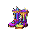Knee-high boots with a rainbow color gradient and golden trim.