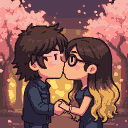 Chibi couple kissing, hands clasped, silhouetted against a romantic backdrop of bokeh lights and cherry blossom trees.