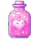 A pixel art potion bottle filled with luminous pink liquid, containing a large floating heart, smaller twinkling hearts, and bubbles.
