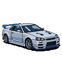 White Nissan GTR with blue accents on rear spoiler and body details, viewed from a three-quarter front angle against a dark background.