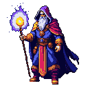 A mage with a long white beard and deep purple hood, wearing regal blue robes with golden epaulets and a crimson sash, holds a staff topped with a swirling purple energy orb.