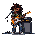 Lone guitarist with vibrant dreadlocks and headphones playing a bright orange electric guitar, standing next to a Marshall amplifier.