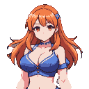 Young woman with auburn hair and amber eyes, wearing a blue bikini top with white piping and a blue hair clip.