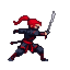 Fierce ninja girl with red ponytail, mid-attack with katana, wearing dark attire with red accents.