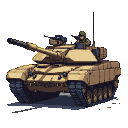 Abrams tank in desert tan with two figures in the turret, on a black background.