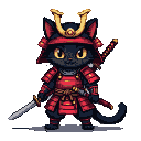 Black cat samurai in red Japanese armor with a golden helmet crest, holding two katanas.
