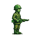 Muted green toy soldier standing at attention, side view, holding a rifle.